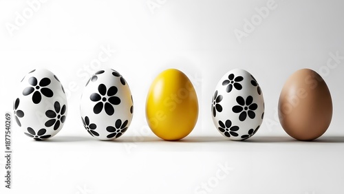 Five easter eggs in a row with floral patterns