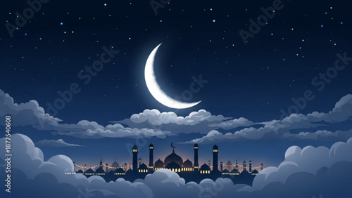 Crescent moon over a mosque at night surrounded by clouds and stars symbolizing Islamic culture and Ramadan