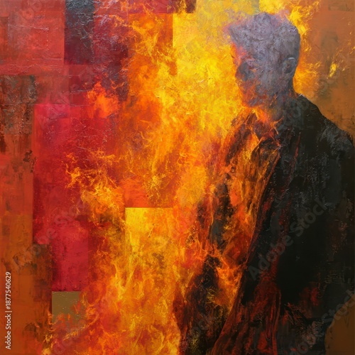Abstract Art Depicting Fire and Figures in Vivid Red and Orange