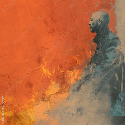 Abstract Portrait of a Man Against a Fiery Background with Texture