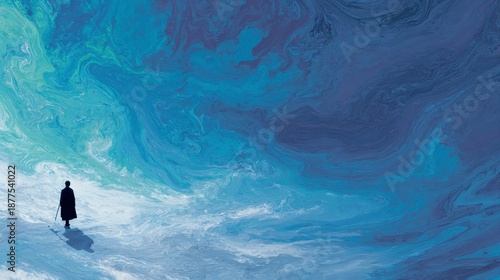 Solitary Figure Amidst Abstract Waves of Blue and Green Colors