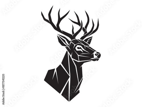Geometric deer head vector art, majestic animal with antlers, abstract polygonal style, black and white wildlife illustration