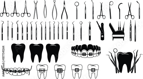 Dental instruments and orthodontic tools with teeth illustrations, braces, dental chair setup, professional dentistry equipment for oral healthcare education