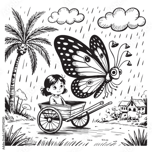 A young girl in a cart watches a butterfly during a rain shower child