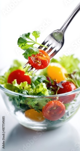Vibrant Fresh Garden Salad with Cherry Tomatoes Lifted by Fork on Crisp White Background.