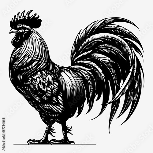 Majestic Rooster with Flowing Tail Engraving Vector