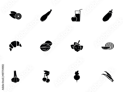 Assorted Black Silhouettes of Fresh Produce and Bakery Items