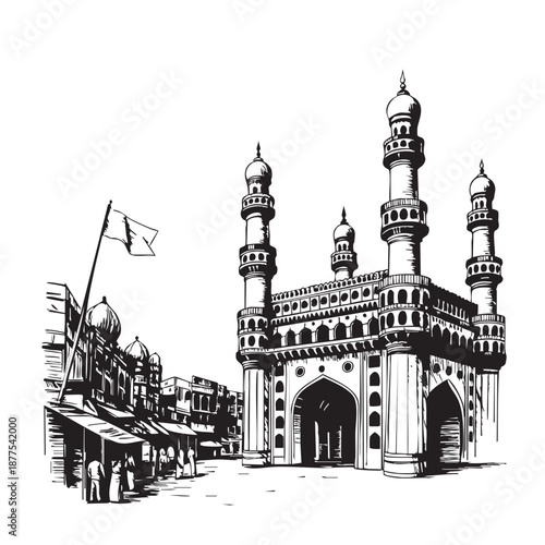 Black and white of Charminar monument and street scene Hyderabad India architecture