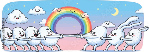 Tug of war game between funny white blob characters in front of a rainbow sky clouds and crescent moon cartoon scenery