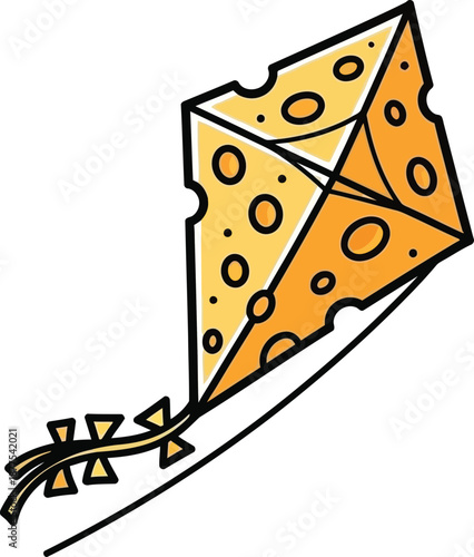 Stylized swiss cheese kite with bold black outlines and ribbon tail flying high in air with creative food theme concept