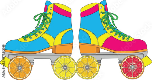 Two retro roller skates bright blue pink yellow colors with fruit slice wheels orange lemon grapefruit fun vintage style drawing