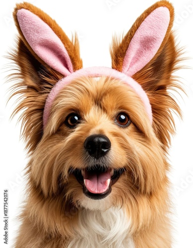 A funny dog with bunny ears on a carnival headband. A cute Easter card