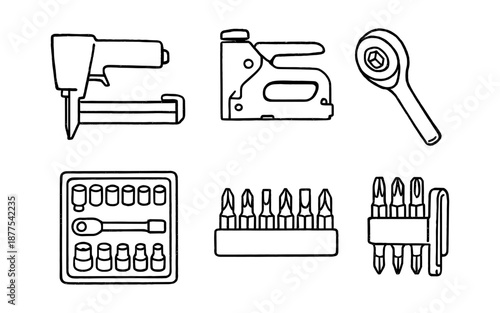 Hand tools sketch collection featuring staplers, ratchet, and bits set in linear style
