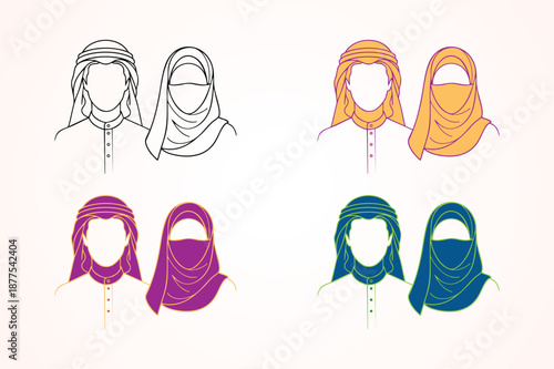 Muslim Couple Avatar Set: Arab Man in Ghutra and Woman in Niqab Minimalist Line Art Vector Illustration