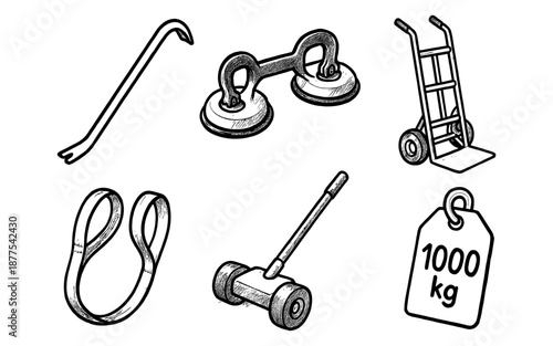 Hand drawn moving tools collection for heavy lifting and transport