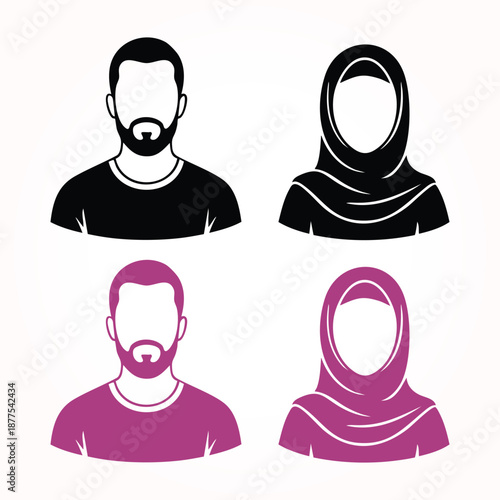 Muslim Couple Avatar Icons Set - Modern Islamic Hijab and Bearded Man Profile Vector Illustration