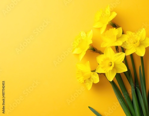 Yellow daffodils on a yellow background. Spring floral background with space for text. Template for an Easter card or banner