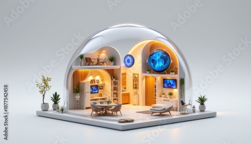 miniature smart home model with transparent glass dome, integrated ai assistant core, adaptive lighting system, responsive smart walls, iot connected appliances, automated curtains