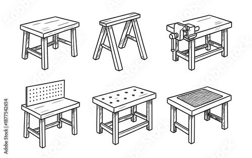 Collection of hand drawn workbenches with various features and attachments