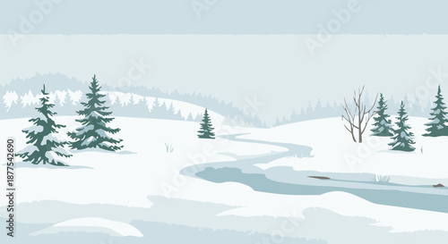 Snowy forest landscape with evergreen trees and a winding river