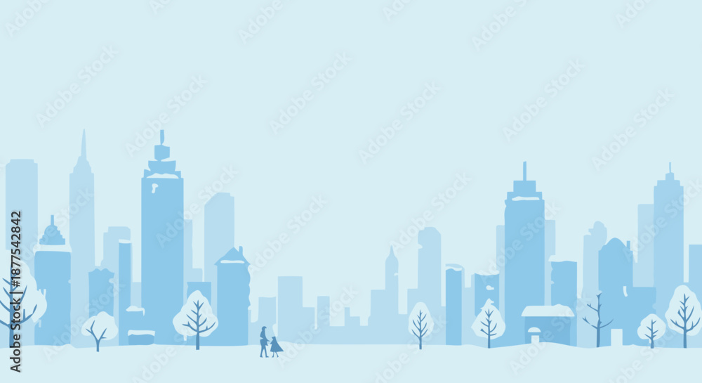 Fototapeta premium Silhouetted couple walking in winter snow with city skyline backdrop.