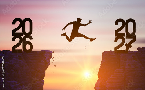 Happy New Year 2027 concept illustration. Silhouette of a man jumping from 2026 to 2027 across a cliff at sunset or sunrise. Vector symbol of transition, new beginnings, goals, courage, future success