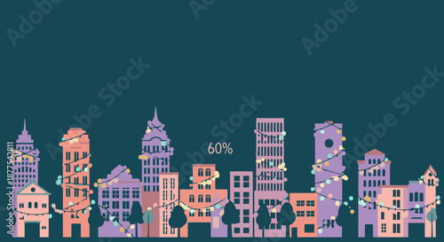 Flat illustration of a city skyline with festive string lights and a percentage sign