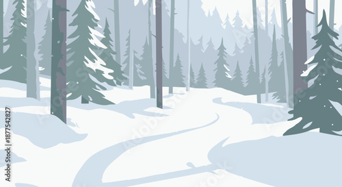 Snowy forest path with pine trees in winter.