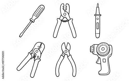 Outline tool set: screwdriver, pliers, soldering iron, wire cutter, cable stripper, voltage tester