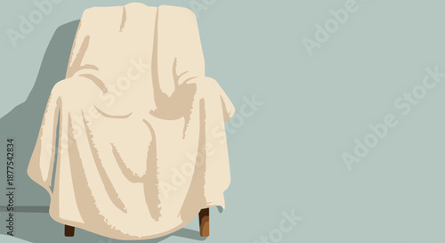 Armchair covered in a light cream blanket, casting a shadow against a pale blue wall. Minimalist interior, vacant seating, and quiet solitude.