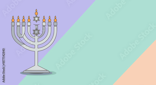 Illustration of a Hanukkah menorah with lit candles on a pastel geometric background