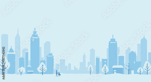 Silhouetted couple walking in winter snow with city skyline backdrop.