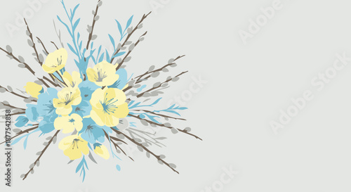 Yellow and blue spring flowers with pussy willow branches arranged in a bouquet on a pale gray background.