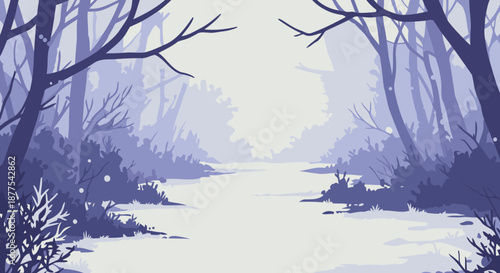 Serene winter forest path with snow and bare trees, leading into a soft mist.