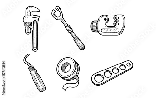 Hand drawn plumbing tools set for diy and repair projects
