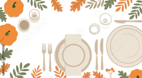 Thanksgiving table setting with pumpkins and autumn leaves, overhead view. Festive dining setup on white background, top-down perspective.