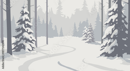 Winter forest path with snow-covered trees and fresh snowfall in a serene woodland