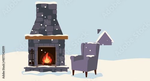 Cozy armchair by stone fireplace with roaring fire in snowy winter setting
