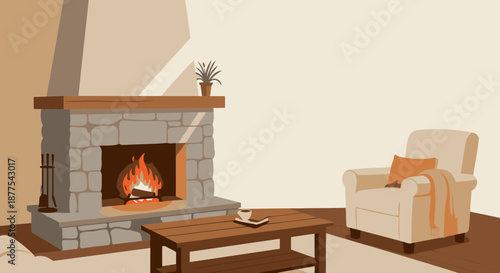 Cozy living room interior with a stone fireplace and armchair.