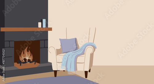 Cozy armchair beside a roaring fireplace in a modern living room.