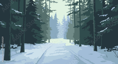 A snow-covered forest path leads into a winter wonderland landscape with evergreen trees.