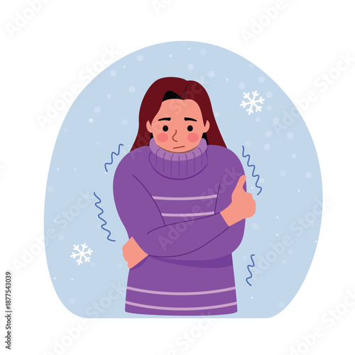 Cold Woman Character Feeling Freezing Winter Weather. Vector flat  cartoon illustration