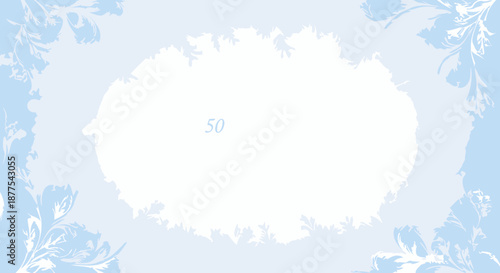Abstract pale blue floral design with a central white oval and the number 50