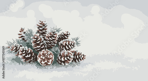 Cluster of pine cones with pine branches on snowy background. Autumn or winter nature illustration. Seasonal decoration on frosty ground.