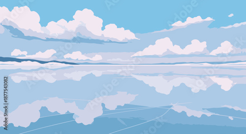 Serene sky with puffy clouds reflected on a vast, flat surface like a salt flat or lake