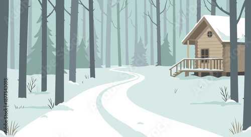 A solitary log cabin nestled in a snowy forest clearing, with a winding path leading to its entrance. Rural winter landscape with a wooden cabin and snow-covered path.
