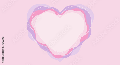 Abstract heart-shaped frame with pastel color layers and white outlines on a soft pink background.