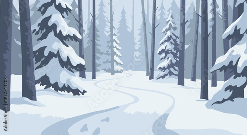 Winding snow-covered path through a winter forest with frosted evergreen trees.