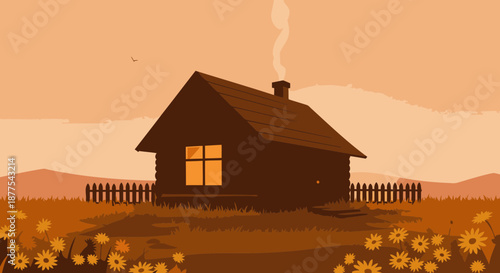 A rustic wooden cabin with a smoking chimney sits in a field of flowers under an orange sky