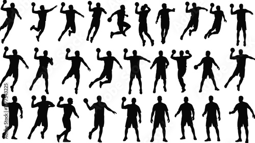 Collection of thirty dynamic sports silhouettes showing athletes with ball in action poses for basketball, handball, and fitness design